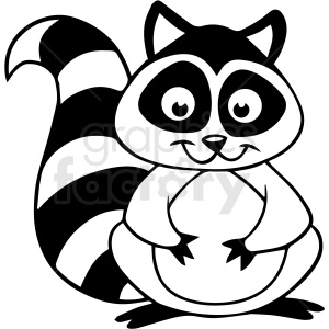 The clipart image depicts a stylized cartoon raccoon. It features the characteristic black-and-white coloring, with a striped tail and a mask-like facial pattern. The raccoon is portrayed in an upright, seated position with its paws in front of its stomach.