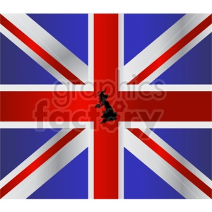 The image depicts the flag of the United Kingdom, also known as the Union Jack, with a silhouette of Great Britain superimposed in black over the central red cross. The flag features a blue field with the red cross of Saint George (patron saint of England) edged in white, superimposed on the diagonal red cross of Saint Patrick (patron saint of Ireland), which is itself superimposed on the diagonal white cross of Saint Andrew (patron saint of Scotland).
