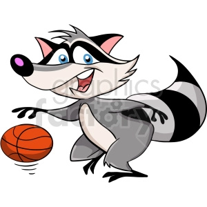 The clipart image features a cartoon raccoon with a black and white striped tail and a mischievous, happy facial expression. The raccoon is standing on its hind legs, playfully reaching out toward a bouncing orange basketball.