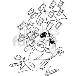 black and white cartoon bull raining money clipart