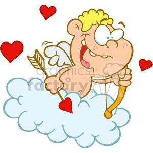 Cute Happy Blue Eyed Cupid with Bow and Arrow Flying in  Blue Cloud with Three Red Hearts