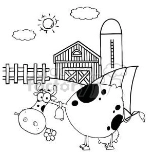 Cartoon Character Cow Different Color BW In Front Of Country Farm