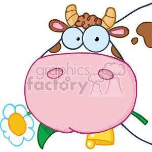 The clipart image depicts a colorful cartoon of a wide-eyed, whimsical cow. The cow has a large, round, pink face, with oversized, googly blue eyes. The cow's small, brown and white, pointy horns can be seen, as well as its large ears sticking out. A cute yellow bell hangs from the cow's neck. The cow also has a little flower near its mouth, adding to the charming, comical effect of the picture. There's a splash of brown that resembles a spot pattern or perhaps a suggestion of mud splashing.