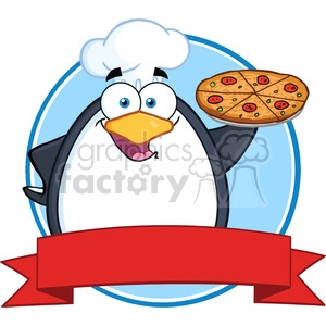 In this clipart image, there is a cartoon penguin wearing a chef's hat (toque) and holding a pizza. The penguin appears to be happy. There's a blue circular background framed by a light blue outline and a red banner across the bottom, which is typically used for text or messages.