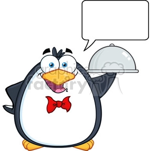 The clipart image features a cartoon penguin wearing a red bow tie. The penguin has a funny expression, with wide eyes and a tongue sticking out, and is holding a serving dome (usually used to cover food) in one wing, which is slightly lifted as if ready to present a meal. There is also an empty speech bubble above the penguin's head, suggesting that the penguin can be given dialogue or thoughts.
