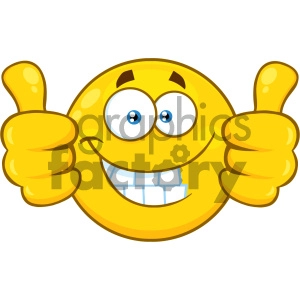 Royalty Free RF Clipart Illustration Smiling Yellow Cartoon Smiley Face Character Giving Two Thumbs Up Vector Illustration Isolated On White Background