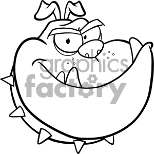 This clipart image features a cartoon depiction of an angry bulldog. The bulldog is characterized by its frowning face, flared nostrils, prominent, pointy teeth, and a collar with spikes. The drawing is in black and white and has a comedic element to it, with exaggerated facial expressions to convey anger or frustration.