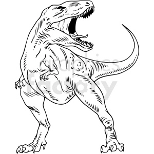 The image is a black and white clipart illustration of a Tyrannosaurus rex (T-rex) dinosaur. It depicts the dinosaur in a dynamic pose with its mouth open, showcasing its sharp teeth and powerful legs.