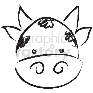 The clipart image depicts the face of a stylized cow. The cow has large, curvy ears, and the facial features include eyes with lashes, nostrils, and a tuft of hair between the ears. Overall, the image is a simple, cute representation of a cow, suitable for a variety of informal uses such as children's content, educational material, or whimsical branding.