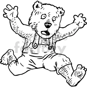 The clipart image depicts a cartoon-style bear running in a scared manner. The bear is shown with its mouth open, as if shouting or expressing fear, and its arms up in the air. It's wearing overalls and appears to be in a state of panic or fright.