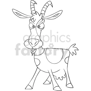 The image is a black and white line art drawing of a goat. The goat is depicted in a cartoonish style with exaggerated features like large eyes and long, curved horns.