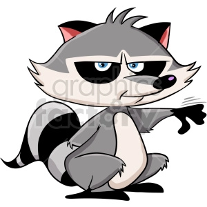 In this clipart image, there is a cartoon raccoon. The raccoon has a mischievous expression, with one eyebrow raised, blue eyes, and a slight grin showing its teeth. Its body is positioned in a playful or sneaky stance with one paw extended as if gesturing or reaching for something. The raccoon is characterized by its typical black facial mask and striped tail.