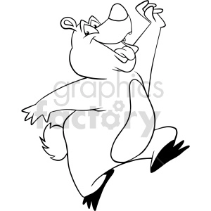 This clipart image features a cartoon bear standing on its hind legs, looking cheerful with a wide open mouth as if it is dancing or celebrating. It's a black and white line drawing.
