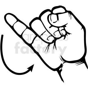 The clipart image depicts a hand gesture that represents the letter 'J' in American Sign Language (ASL). The hand is shown with the thumb extended forward and the pinky finger pointed upwards, while the other fingers are curled into the palm. A curved arrow symbolizing the movement of the pinky finger is visible near the hand, indicating the motion used to sign this letter, which typically involves moving the pinky finger in a J shape.