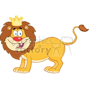 The clipart image shows a cartoonish, humorous lion with a large, friendly smile, wide eyes, and a bright red nose. It has a fluffy brown mane and a small golden crown sitting atop its head. The lion looks comical and exaggerated, with its tongue slightly sticking out and a pair of droplets near its mouth, possibly indicating excitement or panting. Its body is golden yellow, and it has a tail with a tuft of brown hair at the end.