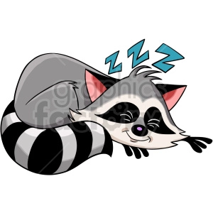 The clipart image features an adorable cartoon raccoon lying down and sleeping. The raccoon has a playful expression with a smile on its face, and above its head are three blue Zs, indicating that it is snoring or deeply asleep. The raccoon's tail is prominently striped with black and white rings, and its body is curled up in a relaxed pose.