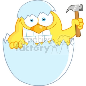 Royalty-Free-RF-Yellow-Chick-With-A-Big-Toothy-Grin-Peeking-Out-Of-An-Egg-Shell-With-Hammer