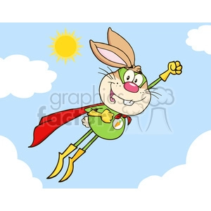 Royalty Free RF Clipart Illustration Brown Rabbit Superhero Cartoon Character Flying In The Sky