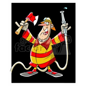 frank the cartoon firefighter holding an axe and hose