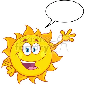 happy sun cartoon mascot character waving for greeting with speech bubble vector illustration isolated on white background