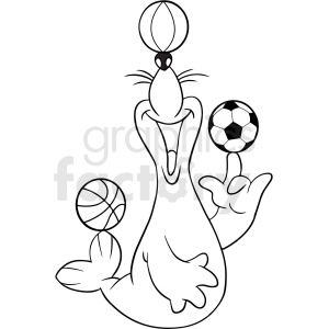 The clipart image features a seal cartoon character juggling three different sports balls: a basketball, a soccer ball, and a third ball on its nose which could be a beach ball or a generic rubber ball.