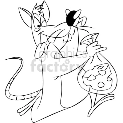 The image is a black and white clipart of an anthropomorphic, cartoon-style rat or mouse standing upright. It features the character with exaggerated facial expressions, holding a piece of cheese in one hand and a bag with cheese holes in the other hand, suggesting the concept of a mischievous or thieving rodent.