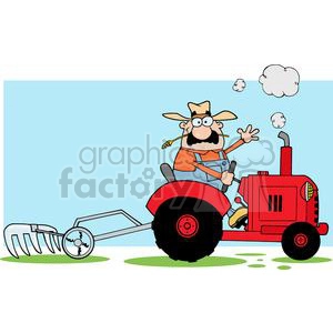 Happy Farmer Driving A Red Tractor