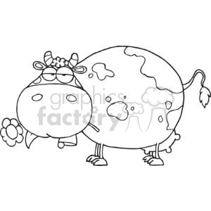 The clipart image depicts a cartoonish, black and white outline of a cow. The cow has a humorous and exaggerated appearance, with large expressive eyes adorned with daisy-like flowers, oversized hooves, and a somewhat surprised expression on its face. There are also irregular spots patterned along its body which is typical for a cow's hide. This image of a cow could be used for various purposes, such as educational materials, children's books, or decorative artwork.