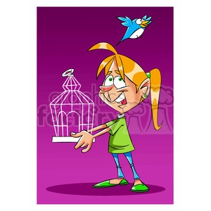girl liberating a bird from a cage