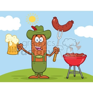 Illustration of German Oktoberfest Sausage Cartoon Character Holding A Beer And Weenie Next To BBQ Vector