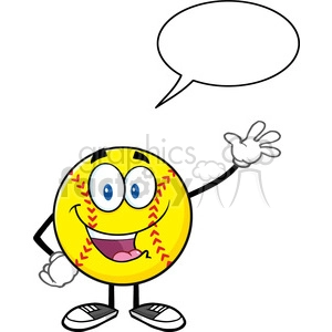 happy sofball cartoon character waving for greeting with speech bubble vector illustration isolated on white background