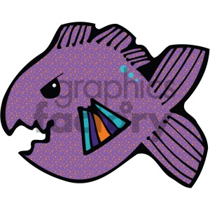 The image appears to be a stylized illustration of a purple fish with a pattern of small orange dots sprinkled across its body. The fish has prominent fins, with a striped pattern, and a tail. Its gills are depicted in a colorful abstract shape consisting of blue, purple, orange, and black sections. The fish has a simple, round black eye, adding to its cartoonish appearance.