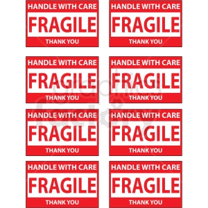 The clipart image displays a series of red and white labels with the text HANDLE WITH CARE FRAGILE THANK YOU. There are multiple identical labels arranged in a grid pattern, likely meant to be cut out and used for packaging or shipping fragile items.