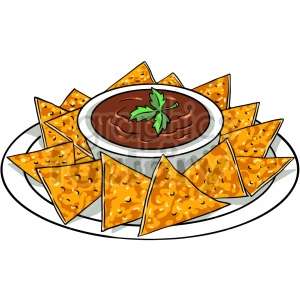 The clipart image depicts a plate of nachos and a bowl of salsa, which are tortilla chips covered with melted cheese, toppings such as salsa, and other ingredients.