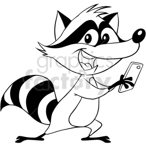 The clipart image depicts a cartoon raccoon standing on its hind legs, holding a smartphone in one hand. The raccoon appears cheerful or excited. It has the distinctive black mask-like markings around its eyes and a bushy tail with alternating dark and light stripes.