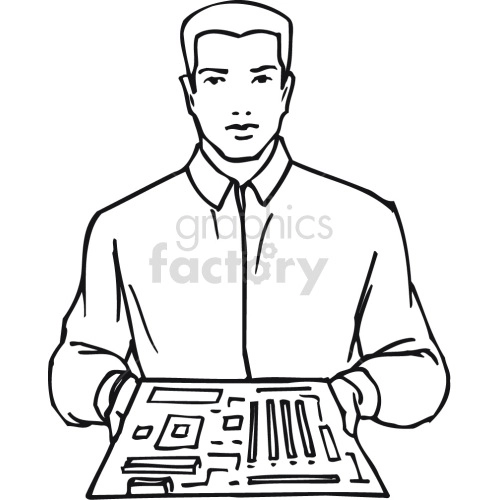 man holding a computer motherboard black white