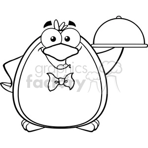 This is a black and white clipart image of a happy, anthropomorphic penguin wearing a bow tie and serving as a waiter, holding a serving tray with a cloche (food cover). The penguin has large expressive eyes, and its wings are positioned as if they are arms.