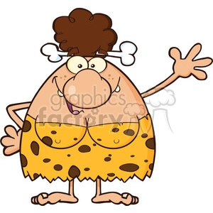 happy brunette cave woman cartoon mascot character waving vector illustration