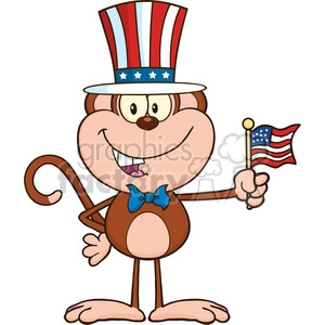 The image is a cartoon illustration of a monkey dressed in a patriotic theme. The monkey is wearing a top hat with an American flag theme, colors red, white, and blue with white stars. It also holds a small American flag in one hand and has a blue bow tie. The monkey has a big grin and appears to be standing upright in a human-like pose.