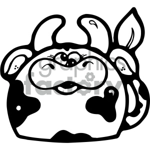The clipart image features a stylized depiction of a cow's face. The cow looks cartoonish with exaggerated facial features, including large eyes with lashes, a big snout, and floppy ears. The cow also has distinctive spots on its face, which are characteristic of certain cow breeds.