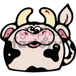 This clipart image features a cartoon of a cow's face with a whimsical and playful design. It has large, gingham-patterned, pink cheeks, big, expressive eyes, and a friendly smile. The cow has a pattern of black spots on its head and ears, and one of the ears has a pink interior, suggesting a cartoonish and cute aesthetic.