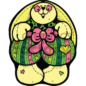 The clipart image shows a stylized, colorful depiction of a bunny or rabbit. The rabbit has a yellow body with black outlines and is holding a large green and black watermelon patterned egg which is decorated with a pink bow. The rabbit has a happy expression, with its pink cheeks blushing and a big smile showcasing two front teeth. Pink inner ears and a yellow head with what appears to be another little rabbit depicted on it make up the rabbit's head. Also, there's a pink heart just above the rabbit's left foot and a yellow heart to the right of the leg