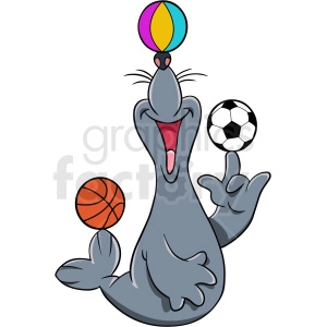 The clipart image shows a cheerful grey seal performing tricks with three balls. Each ball represents a different sport. One ball is a classic black and white soccer ball, the second is an orange basketball, and the third is a colorful beach ball, which is balanced on the seal's nose. The seal is depicted with an open mouth as if it is excited and clapping its front flippers with a happy expression.