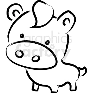 This is a simple black and white line drawing or clipart of a cartoon cow. The cow is standing, facing slightly to the side, and has large, exaggerated features such as big eyes and a big snout, which adds to its playful, cartoonish quality.
