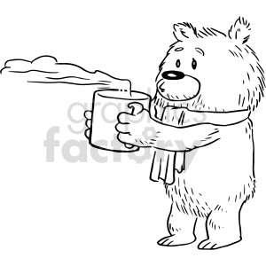 The image is a black and white line drawing of a cartoon bear standing upright, holding a large mug from which steam is rising, indicating a hot beverage like coffee. The bear is smiling and appears to be in a cheerful mood, perhaps enjoying the warm drink.
