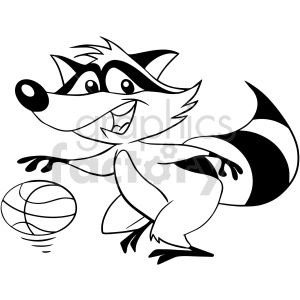 This clipart image features a cartoon raccoon with a playful expression, standing upright and playing with a volleyball. The raccoon has distinctive black and white markings, a fluffy tail, and appears to be bouncing the volleyball.