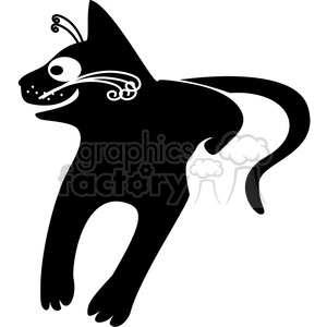 The image is a stylized black and white clipart of a cat. The cat is fashioned in a simplistic design, predominantly black with white accents depicting its eyes, mouth, and decorative swirls on its face and body. It appears to be a friendly depiction of a feline, with a playful or curious posture.