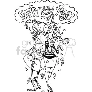 black white cartoon happy new year kiss