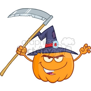 Royalty Free RF Clipart Illustration Scaring Halloween Jackolantern Pumpkin With A Witch Hat And Scythe Cartoon Mascot Character