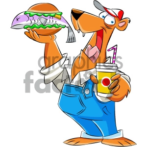 The image depicts an anthropomorphic bear character dressed in a casual outfit, holding a sandwich with a fish (possibly salmon) and salad ingredients, along with a cup of soda with a straw. The bear seems to be ready for a snack or meal, emphasizing themes related to eating, hunger, and fast food.